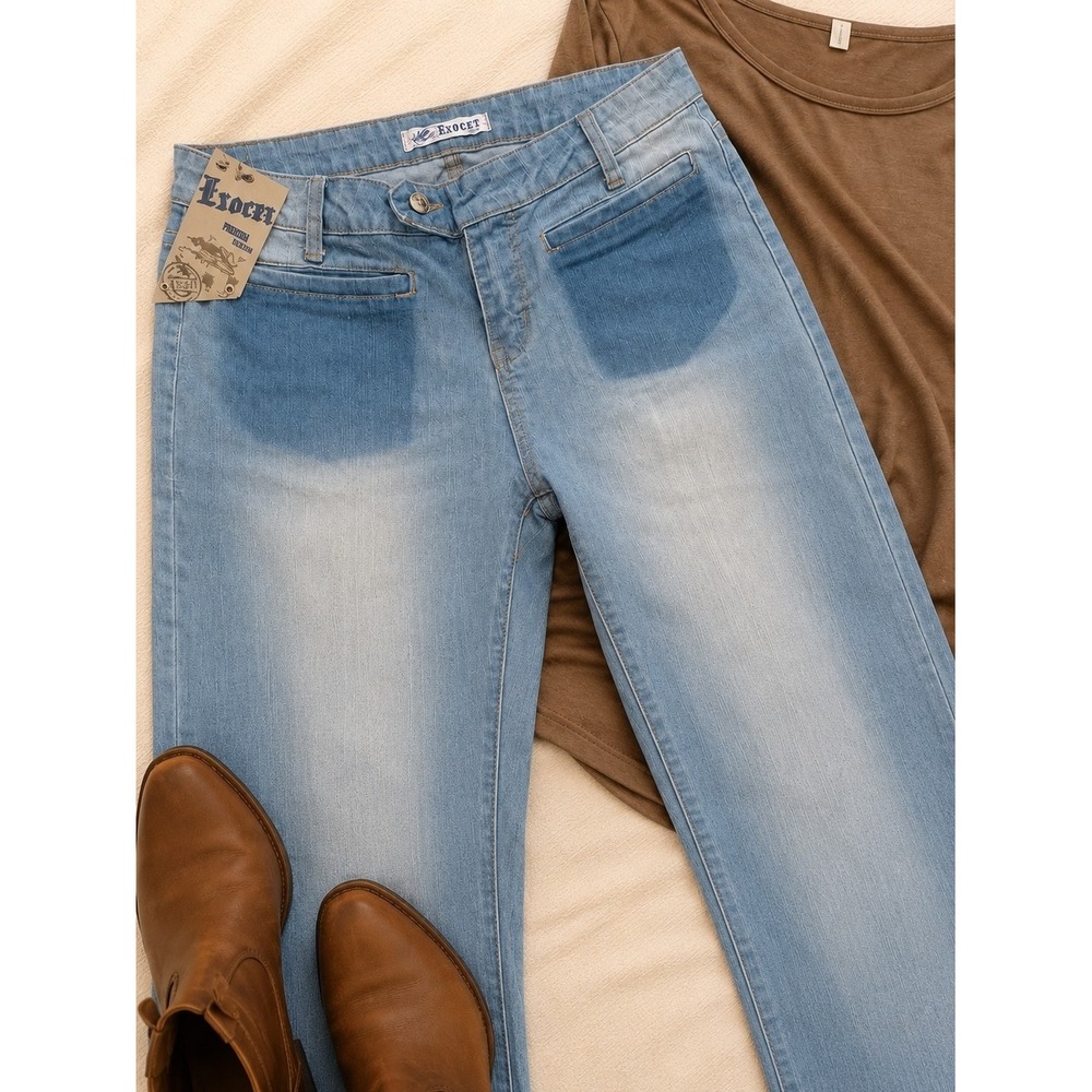 Exocet Jeans Collections Light Wash Shadow Pocket Straight Leg Denim Blue Womens